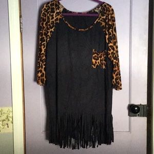 3X Microsuede Black Fringe Top with Leopard